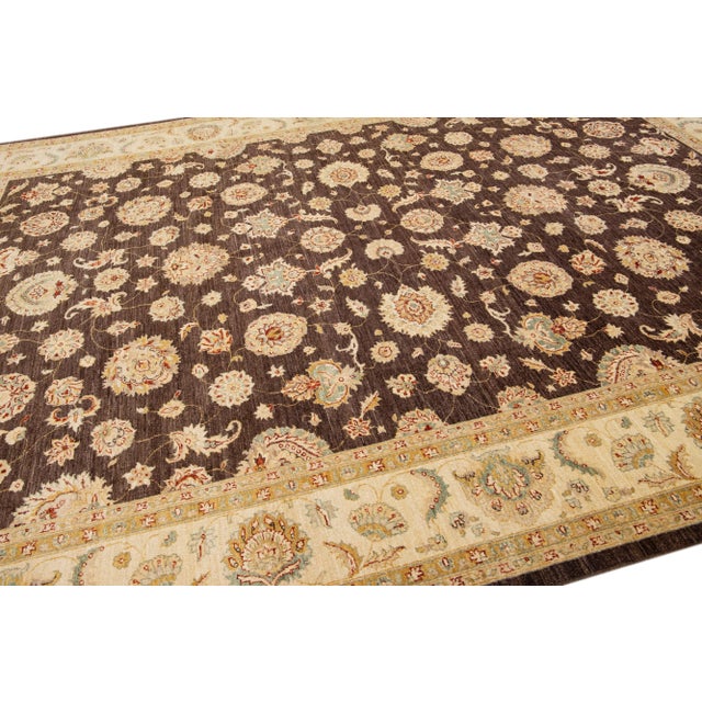 Modern Peshawar Brown Handmade Wool Rug With Palmettes Motif For Sale In New York - Image 6 of 7