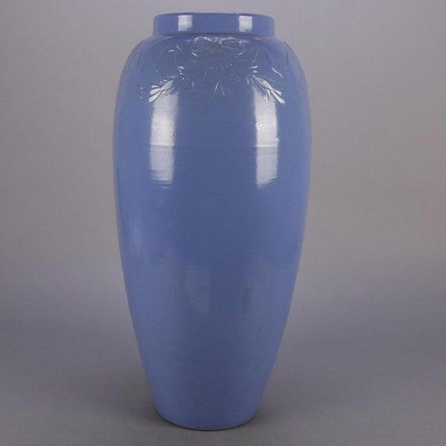 Blue Early 20th Century 2 Arts & Crafts McCoy School Pottery Periwinkle Swags & Bows Floor Vases For Sale - Image 8 of 11