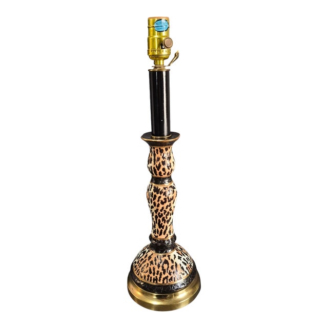 Hollywood Regency Decorative Animal Print Leopard Ceramic Candlestick Table Lamp For Sale