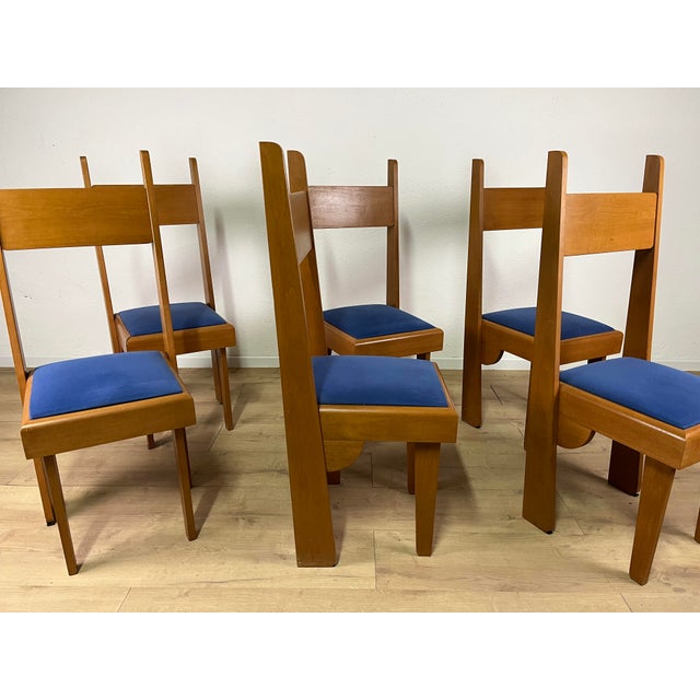 Vintage Chairs in Wood and Blue Velvet, 1980s, Set of 6 For Sale - Image 4 of 9