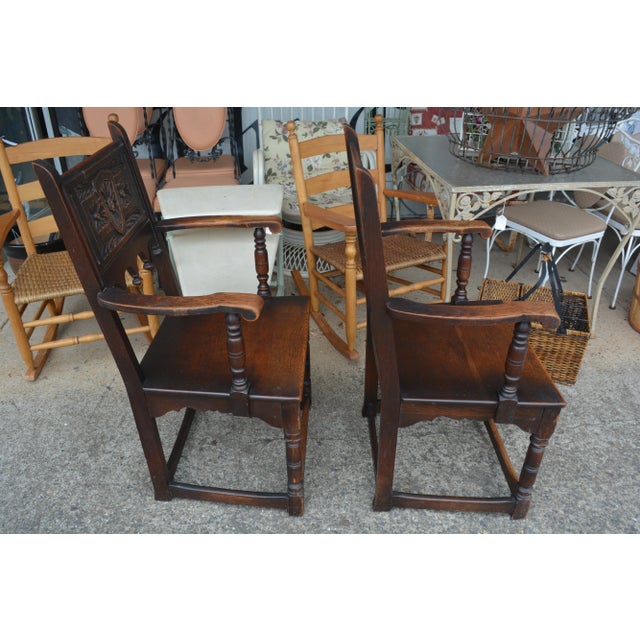 1940s Vintage Carved Pair of j.e. Ware Furniture Wainscot Wood Side / Dining Chairs Medieval / Thrones For Sale - Image 9 of 16