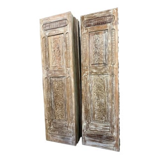 Antique Hand-Carved Wooden Door Panel | Distressed Whitewash Floral Barn Door, Vintage Door 96x27 For Sale