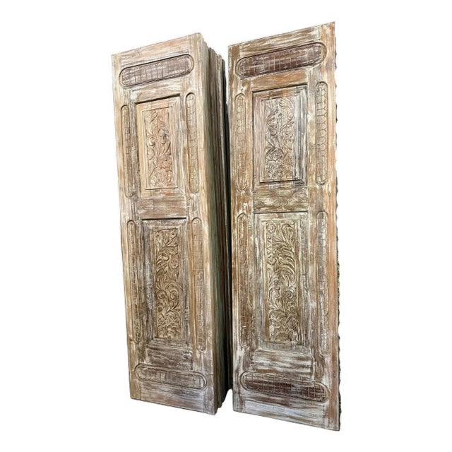 Antique Hand-Carved Wooden Door Panel | Distressed Whitewash Floral Barn Door, Vintage Door 96x27 For Sale