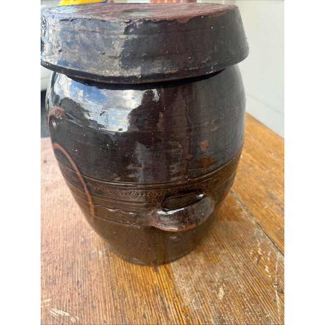 Traditional Antique Redware Korean Traditional Onggi Fermentation Jar, With Lid, Circa 1920’s For Sale - Image 3 of 12