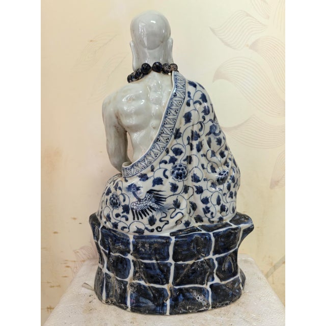 Chinese Vintage Ceramic Buddhist Sculpture,Hand Carved Blue and White Porcelain the Eighteen Arhats Statue For Sale In Seattle - Image 6 of 8