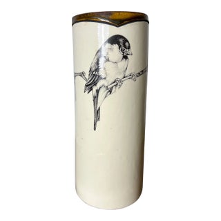Laura Zindel Hand Made Stenciled Chickadee Earthenware Vase For Sale
