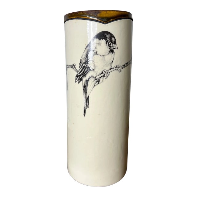 Laura Zindel Hand Made Stenciled Chickadee Earthenware Vase For Sale