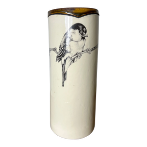 Laura Zindel Hand Made Stenciled Chickadee Earthenware Vase