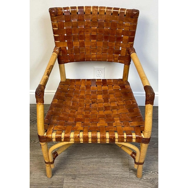 1960s French Modern Bamboo & Woven Saddle Leather Armchair, Circa 1960s For Sale In Greensboro - Image 6 of 13