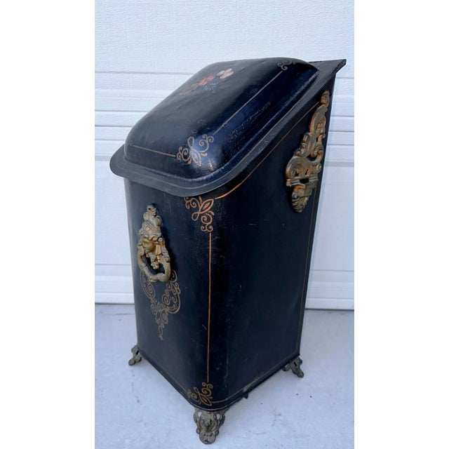 Antique 19th Century French hand painted Fireplace Coal Scuttle. Box Bin with Beautiful hand painted floral details and...