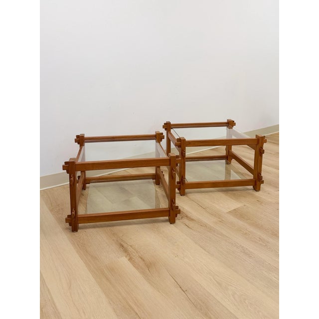 Mid 20th Century Pair of Vintage Teak Mortise and Tenon Side Tables, Glass Top and Base For Sale - Image 5 of 10