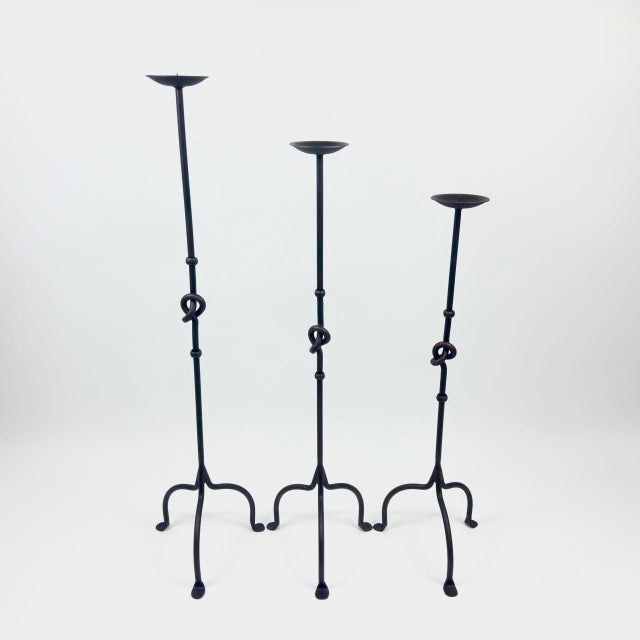 Hand Forged Iron Candelabra Set of 3 (82-101cm) Antique Copper Finish Knotted Stem with Arched Base For Sale - Image 6 of 6