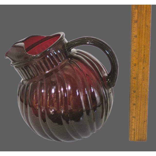 Ruby Red Vintage Anchor Hocking Royal Ruby Red Swirl Tilted Ball Pitcher For Sale - Image 8 of 9