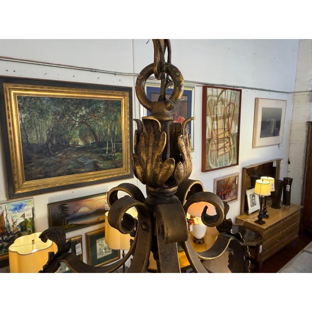 Metal Gothic Revival Style Gilt Metal + Amber Glass Lantern Pendant, Vintage For Sale - Image 7 of 12