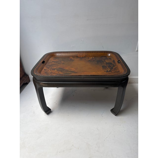 Mid 19th Century Antique Painted Metal Tray on Stand Depicting a Chinese Ceremonial Landscape For Sale - Image 5 of 10