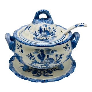 Vintage Blue and White Soup Tureen With Charger Plate For Sale