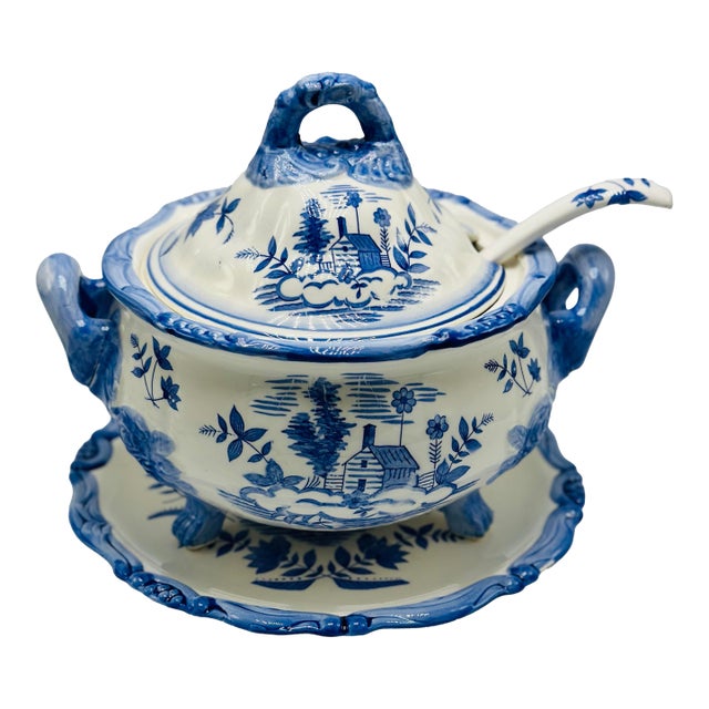 Vintage Blue and White Soup Tureen With Charger Plate For Sale