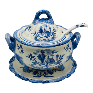 Vintage Blue and White Soup Tureen With Charger Plate