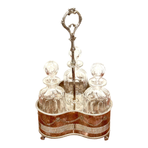 Silverplated Tantalus, John Sherwood & Sons, 3 Optical Cut Glass Decanters, 1900