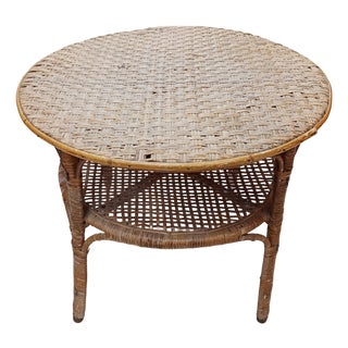 Antique American 2-Tier Woven Wicker Parlor Table With Metal Boot Feet For Sale