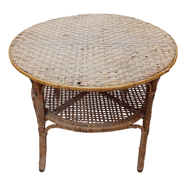 Antique American 2-Tier Woven Wicker Parlor Table With Metal Boot Feet For Sale