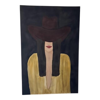 “Burgundy Brim” Original Oil on Canvas Western Female Portrait by Artist Marek For Sale