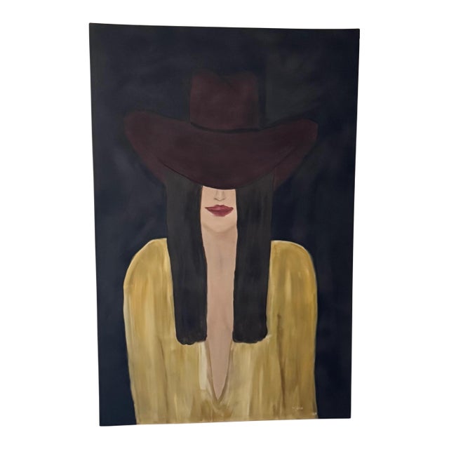 “Burgundy Brim” Original Oil on Canvas Western Female Portrait by Artist Marek For Sale