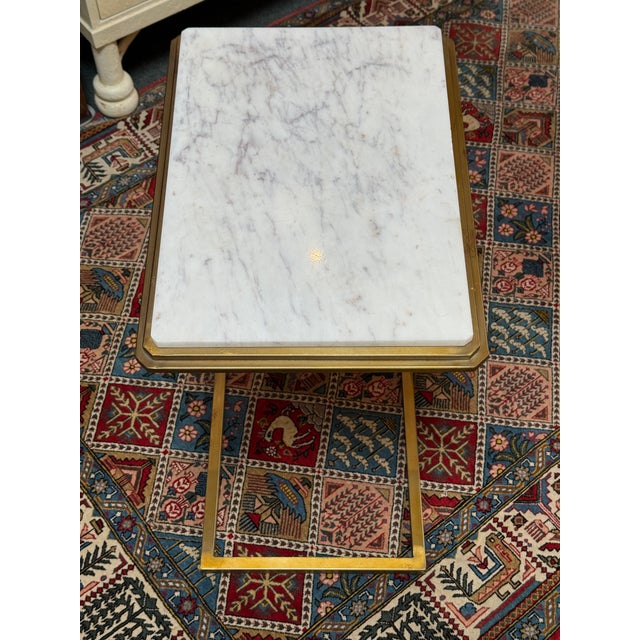 Brass C-Tables With Marble Tops, Pair For Sale - Image 4 of 11