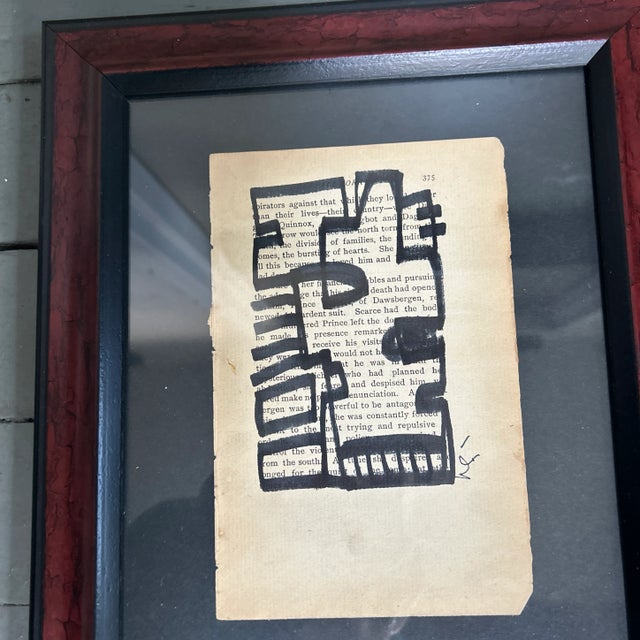 Set of two contemporary original Wayne Cunningham abstract marker drawings on vintage book paper. Signed and framed. Book...