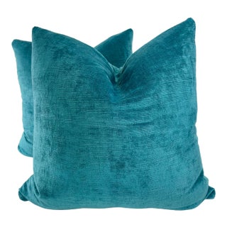 Lee Jofa "Vintage Velvet" in Peacock 22" Pillows-A Pair For Sale