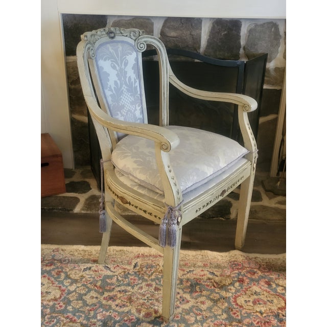 A wonderfully decorative vintage Louis XVI Revival armchair combining elegant Neoclassical form with distinctive Wedgwood-...