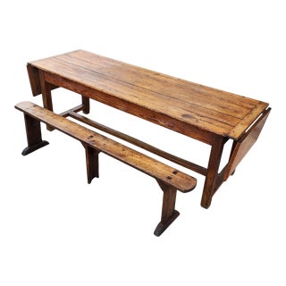 Antique Primitive French Drop Leaf Refractory Pub Dining Table and Bench For Sale