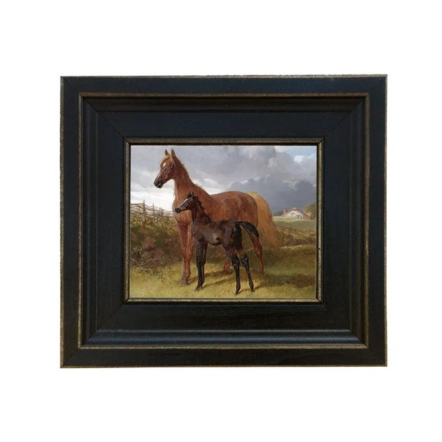 Mare and Foal Framed Oil Painting Print on Canvas in Distressed Black Wood Frame For Sale - Image 4 of 4