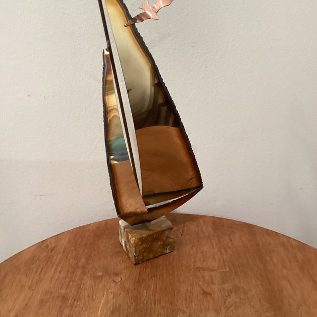 Mid-Century Modern Brass & Copper Sailboat Sculpture on the Stone Base by Curtis Jare Circa1960 For Sale - Image 4 of 12