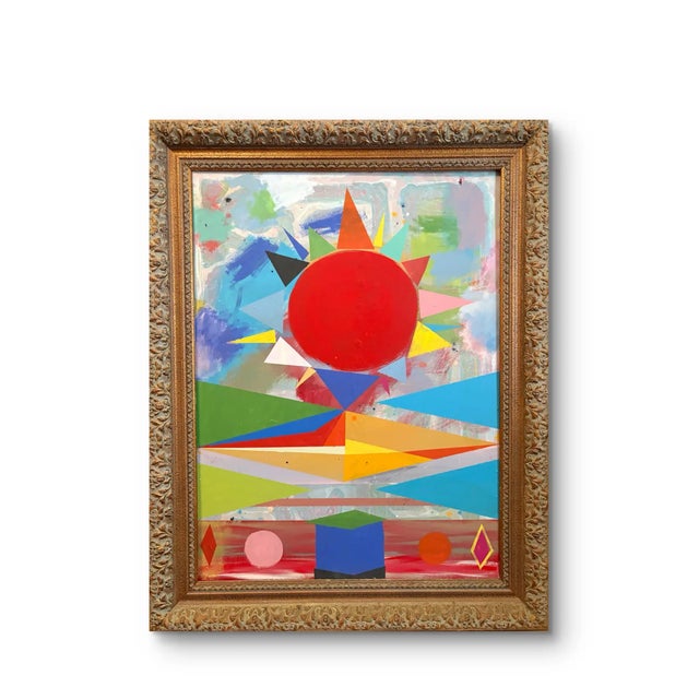 Abstract Vintage Acrylic Abstract Painting on Canvas in Ornate Golden Frame For Sale - Image 3 of 4