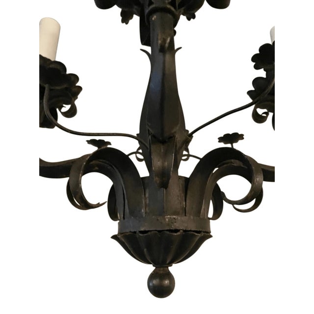 Spanish Vintage 6 Light Chandelier Spanish Leafy Details Black Iron For Sale - Image 3 of 8