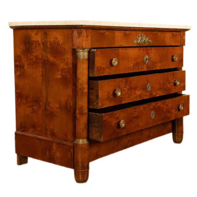 Antique 19th Century French Empire Burl Walnut Marble Ormolu Chest Drawers Commode 1810 For Sale - Image 10 of 14