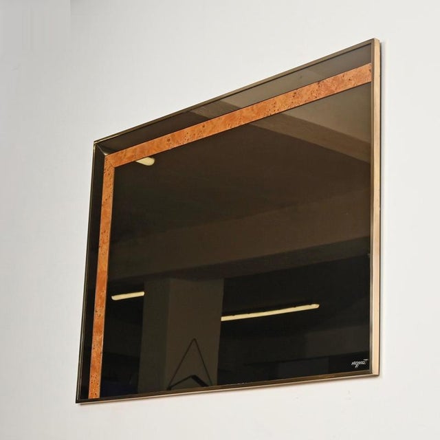 1970s Large Smoked Glass, Poplar Burl and Brass Mirror by Romeo Rega for Nazaret, Italy, 1970s For Sale - Image 5 of 15