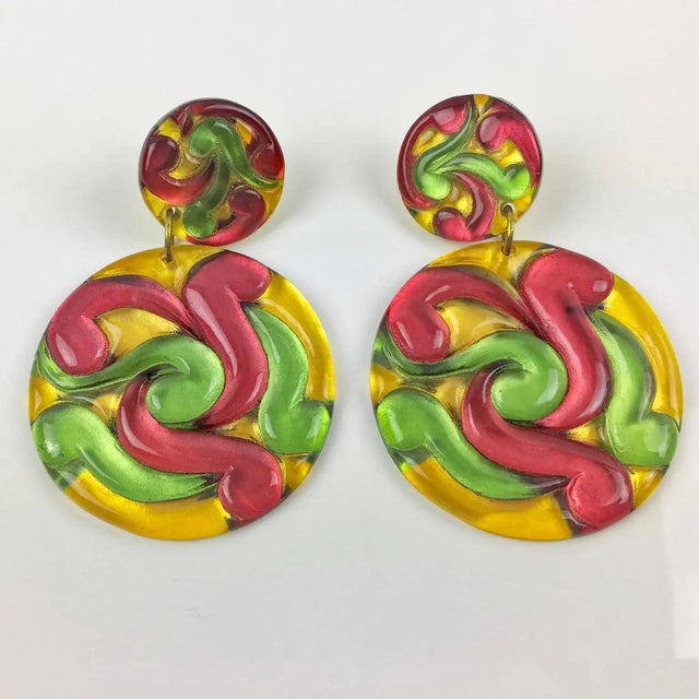 Contemporary Multicolor Red, Yellow and Green Lucite Disk Dangling Clip-on Earrings For Sale - Image 3 of 8