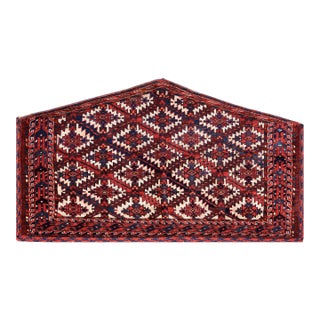 1870s Ivory Red Geometric Tribal Antique Russia Turkmen Yamoud Asmalyk Rug ( 2'4" X 4'2" Handknotted Wool Carpet For Sale