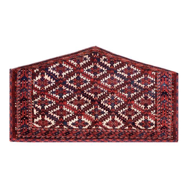 1870s Ivory Red Geometric Tribal Antique Russia Turkmen Yamoud Asmalyk Rug ( 2'4" X 4'2" Handknotted Wool Carpet For Sale