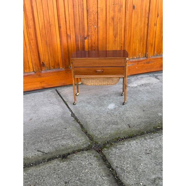 Danish Modern Teak and Wicker Sewing Table or Storage Trolley, 1960s Restored