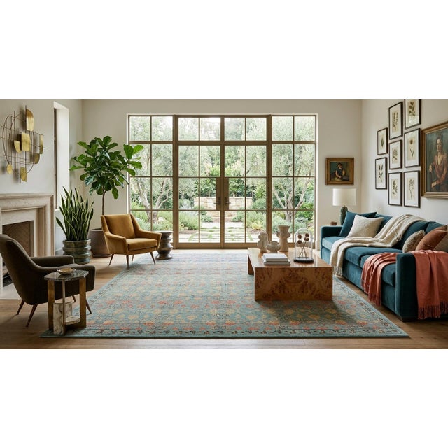 Modern Khotan Style Wool Rug Terracotta, Sage Green & Soft Blue Transitional For Sale - Image 12 of 12