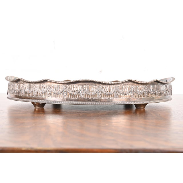 Sheffield Sheffield English Victorian Silverplate Handled Reticulated Serving Tea Tray For Sale - Image 4 of 11