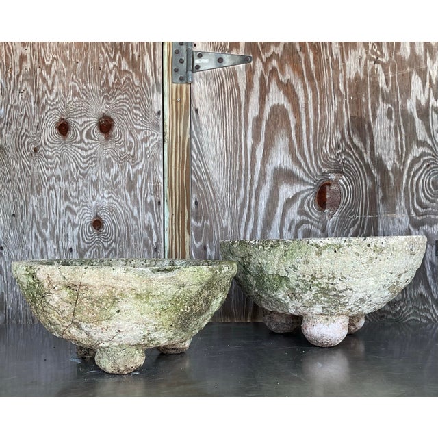 Late 20th Century Vintage Boho Cast Concrete Bowl Planters - Set of 2 For Sale - Image 5 of 12