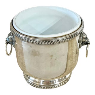 Mid Century Silverplate Lion Handle Ice Bucket With Milk Glass Lining For Sale