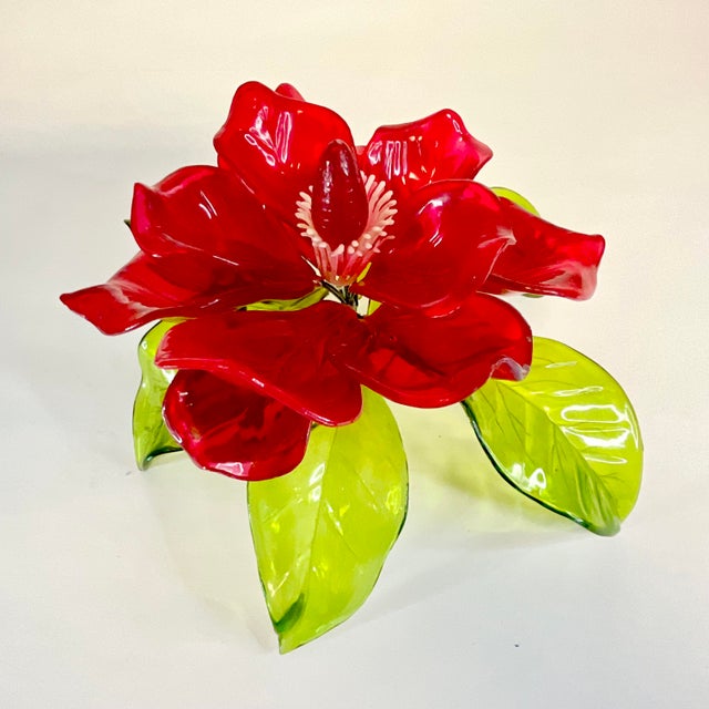 1980s Boho Chic Acrylic Lucite Red Magnolia Decorative Object For Sale - Image 4 of 9