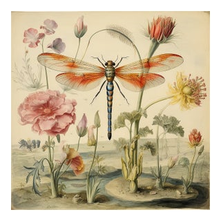 24' X 24' - 'Dragonfly and Flowers' # 3 - Original Watercolor Botanical Print - Hortus Floridus Style For Sale