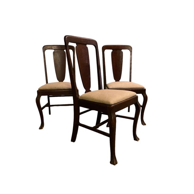 Arts & Crafts Queen Anne Style Oak and Lee Jofa Linen Dining Chairs, Set of 3 For Sale - Image 11 of 13