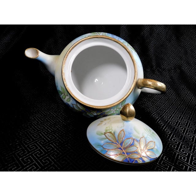 1970s Shofu Japan Footed Blue Teapot With Grapes and Raised Gold Trim For Sale - Image 4 of 7